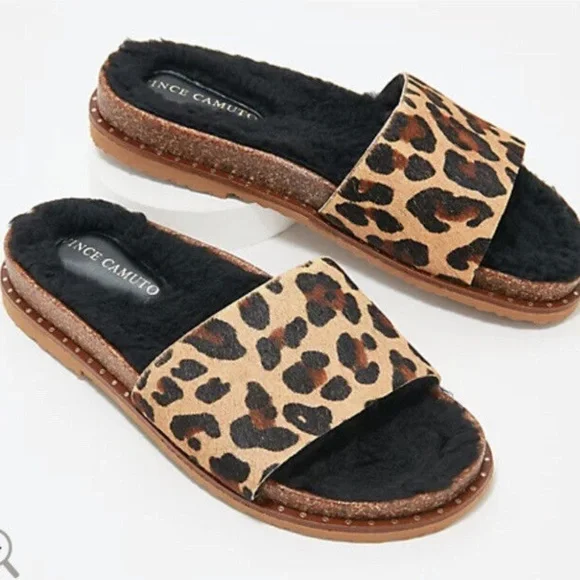New Vince Camuto Women's Kanadial Slide Sandal Suede calf Hair Faux Fur Slip On - Picture 1 of 9